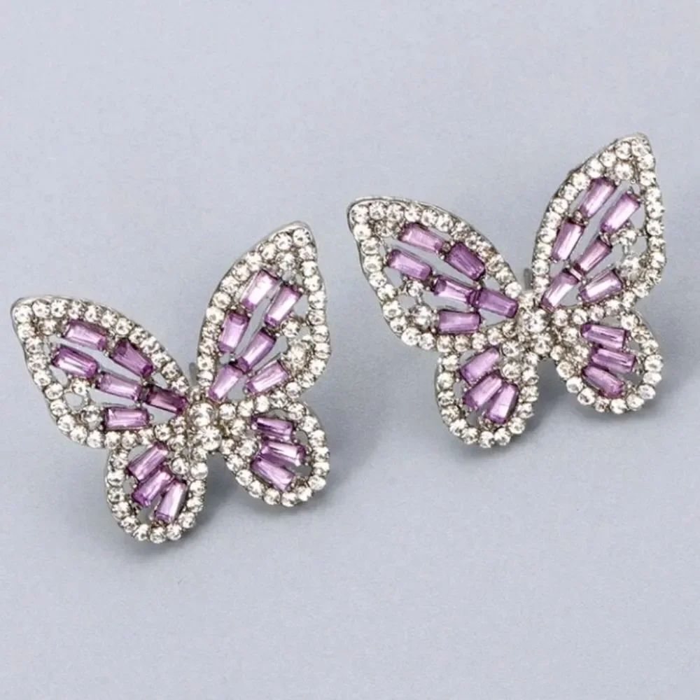 Silver Purple Butterfly Rhinestone Stud Earrings